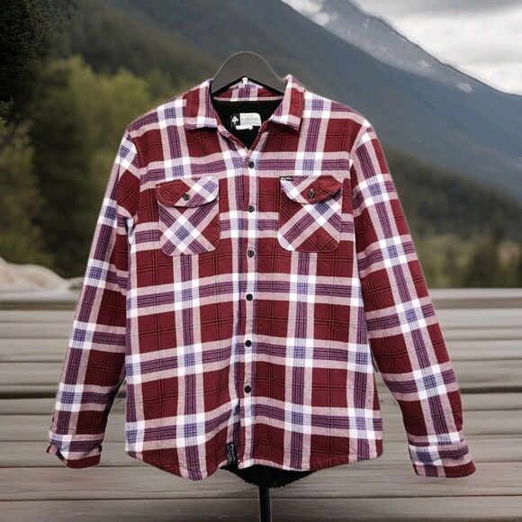 LRG Men's M Sherpa Lined Flannel Shirt Maroon/Purple Long Sleeve Pocket - Picture 1 of 10